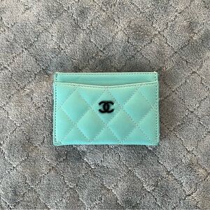 CHANEL Quilted Card Holder Turquoise lamb skin limited edition‎ black hardware
